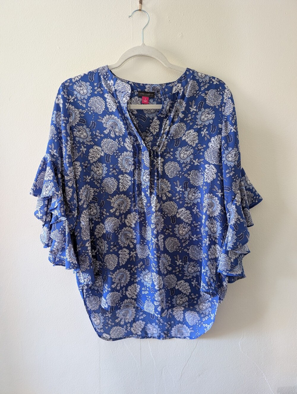 Vince Camuto Blue White Floral Ruffle Sleeve Tie Neck Blouse S